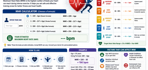# Maximum Heart Rate (MHR) Calculator **Maximum Heart Rate (MHR)** is the highest number of times your heart is expected to beat per minute during maximal physical exertion. It is commonly used to estimate exercise intensity and establish training heart-rate zones. MHR is expressed in **beats per minute (bpm)** and varies mainly with age. ## How to Calculate Maximum Heart Rate A simple traditional formula is: **MHR = 220 − Age** For example, if you are **40 years old**: **220 − 40 = 180 bpm** Therefore, the estimated maximum heart rate is approximately **180 bpm**. Another commonly used age-based equation is: **MHR = 208 − (0.7 × Age)** For a 40-year-old: **208 − (0.7 × 40) = 180 bpm** Both formulas provide an estimate rather than an exact measurement. Individual maximum heart rates can differ considerably because of genetics, fitness level, medications, cardiovascular health and other factors. ## Maximum Heart Rate Calculator | Age | Estimated MHR using 220 − age | | --: | ----------------------------: | | 20 | 200 bpm | | 25 | 195 bpm | | 30 | 190 bpm | | 35 | 185 bpm | | 40 | 180 bpm | | 45 | 175 bpm | | 50 | 170 bpm | | 55 | 165 bpm | | 60 | 160 bpm | | 65 | 155 bpm | | 70 | 150 bpm | ### Understanding Heart-Rate Training Zones MHR can be used to estimate different exercise-intensity zones. A general five-zone model is: | Zone | Approx. % of MHR | Typical intensity | | ---------- | ---------------: | --------------------- | | **Zone 1** | 50–60% | Very light | | **Zone 2** | 60–70% | Light to moderate | | **Zone 3** | 70–80% | Moderate | | **Zone 4** | 80–90% | Vigorous | | **Zone 5** | 90–100% | Very vigorous/maximal | For example, a 40-year-old with an estimated MHR of 180 bpm would have an approximate **60–70% zone of 108–126 bpm**. These zones are useful for aerobic conditioning, endurance training and monitoring exercise intensity. However, they should be treated as estimates rather than rigid targets. ## Why Maximum Heart Rate Matters Knowing your estimated MHR can help you: * Monitor exercise intensity * Avoid exercising unnecessarily hard * Structure aerobic training * Track changes in fitness over time * Establish personalized training zones * Understand heart-rate responses during exercise For recreational exercise, **moderate-intensity activity** is generally sufficient to provide substantial cardiovascular benefits. People beginning an exercise program should increase intensity gradually rather than attempting to reach their predicted maximum heart rate. ## MHR Is Not the Same as Resting Heart Rate Maximum heart rate and resting heart rate measure different aspects of cardiovascular function. **Resting heart rate (RHR)** is the number of heartbeats per minute while you are relaxed and resting. **Maximum heart rate** represents the highest expected rate during maximal exertion. A lower resting heart rate in a healthy, physically trained individual can reflect improved cardiovascular efficiency, but resting heart rate should always be interpreted in context. ## Limitations of the MHR Formula Age-based formulas have substantial individual variability. Two people of the same age may have different actual maximum heart rates. Therefore, reaching a predicted MHR does not necessarily mean that a person has reached their true physiological maximum. Certain medications can also alter heart-rate response. **Beta-blockers**, for example, may prevent the heart rate from rising normally during exercise. In such situations, calculated heart-rate zones may be inappropriate, and exercise intensity may need to be guided by symptoms, perceived exertion or a clinician-directed exercise prescription. ## When to Seek Medical Advice People with known heart disease, unexplained chest pain, significant breathlessness, fainting, abnormal heart rhythms or other cardiovascular conditions should obtain appropriate medical advice before undertaking vigorous exercise. During exercise, **chest pressure or pain, severe shortness of breath, fainting, marked dizziness or a sudden irregular heartbeat** should not be ignored. ## Key Takeaway The simplest Maximum Heart Rate calculation is **220 − age**, while **208 − (0.7 × age)** is another widely used estimate. These equations are useful for creating approximate exercise zones, but they cannot determine an individual's exact maximum heart rate. For personalized cardiovascular training—particularly in people with heart disease or those taking heart-rate-altering medications—professional assessment is preferable. **MHR is a guide, not a diagnosis or a substitute for individualized medical advice.**