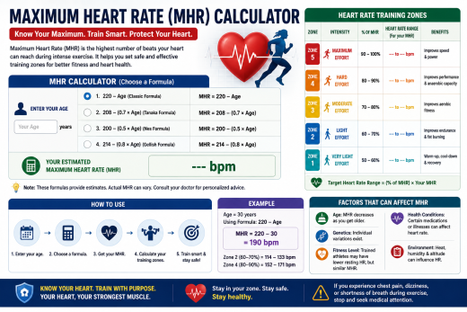 # Maximum Heart Rate (MHR) Calculator **Maximum Heart Rate (MHR)** is the highest number of times your heart is expected to beat per minute during maximal physical exertion. It is commonly used to estimate exercise intensity and establish training heart-rate zones. MHR is expressed in **beats per minute (bpm)** and varies mainly with age. ## How to Calculate Maximum Heart Rate A simple traditional formula is: **MHR = 220 − Age** For example, if you are **40 years old**: **220 − 40 = 180 bpm** Therefore, the estimated maximum heart rate is approximately **180 bpm**. Another commonly used age-based equation is: **MHR = 208 − (0.7 × Age)** For a 40-year-old: **208 − (0.7 × 40) = 180 bpm** Both formulas provide an estimate rather than an exact measurement. Individual maximum heart rates can differ considerably because of genetics, fitness level, medications, cardiovascular health and other factors. ## Maximum Heart Rate Calculator | Age | Estimated MHR using 220 − age | | --: | ----------------------------: | | 20 | 200 bpm | | 25 | 195 bpm | | 30 | 190 bpm | | 35 | 185 bpm | | 40 | 180 bpm | | 45 | 175 bpm | | 50 | 170 bpm | | 55 | 165 bpm | | 60 | 160 bpm | | 65 | 155 bpm | | 70 | 150 bpm | ### Understanding Heart-Rate Training Zones MHR can be used to estimate different exercise-intensity zones. A general five-zone model is: | Zone | Approx. % of MHR | Typical intensity | | ---------- | ---------------: | --------------------- | | **Zone 1** | 50–60% | Very light | | **Zone 2** | 60–70% | Light to moderate | | **Zone 3** | 70–80% | Moderate | | **Zone 4** | 80–90% | Vigorous | | **Zone 5** | 90–100% | Very vigorous/maximal | For example, a 40-year-old with an estimated MHR of 180 bpm would have an approximate **60–70% zone of 108–126 bpm**. These zones are useful for aerobic conditioning, endurance training and monitoring exercise intensity. However, they should be treated as estimates rather than rigid targets. ## Why Maximum Heart Rate Matters Knowing your estimated MHR can help you: * Monitor exercise intensity * Avoid exercising unnecessarily hard * Structure aerobic training * Track changes in fitness over time * Establish personalized training zones * Understand heart-rate responses during exercise For recreational exercise, **moderate-intensity activity** is generally sufficient to provide substantial cardiovascular benefits. People beginning an exercise program should increase intensity gradually rather than attempting to reach their predicted maximum heart rate. ## MHR Is Not the Same as Resting Heart Rate Maximum heart rate and resting heart rate measure different aspects of cardiovascular function. **Resting heart rate (RHR)** is the number of heartbeats per minute while you are relaxed and resting. **Maximum heart rate** represents the highest expected rate during maximal exertion. A lower resting heart rate in a healthy, physically trained individual can reflect improved cardiovascular efficiency, but resting heart rate should always be interpreted in context. ## Limitations of the MHR Formula Age-based formulas have substantial individual variability. Two people of the same age may have different actual maximum heart rates. Therefore, reaching a predicted MHR does not necessarily mean that a person has reached their true physiological maximum. Certain medications can also alter heart-rate response. **Beta-blockers**, for example, may prevent the heart rate from rising normally during exercise. In such situations, calculated heart-rate zones may be inappropriate, and exercise intensity may need to be guided by symptoms, perceived exertion or a clinician-directed exercise prescription. ## When to Seek Medical Advice People with known heart disease, unexplained chest pain, significant breathlessness, fainting, abnormal heart rhythms or other cardiovascular conditions should obtain appropriate medical advice before undertaking vigorous exercise. During exercise, **chest pressure or pain, severe shortness of breath, fainting, marked dizziness or a sudden irregular heartbeat** should not be ignored. ## Key Takeaway The simplest Maximum Heart Rate calculation is **220 − age**, while **208 − (0.7 × age)** is another widely used estimate. These equations are useful for creating approximate exercise zones, but they cannot determine an individual's exact maximum heart rate. For personalized cardiovascular training—particularly in people with heart disease or those taking heart-rate-altering medications—professional assessment is preferable. **MHR is a guide, not a diagnosis or a substitute for individualized medical advice.**
